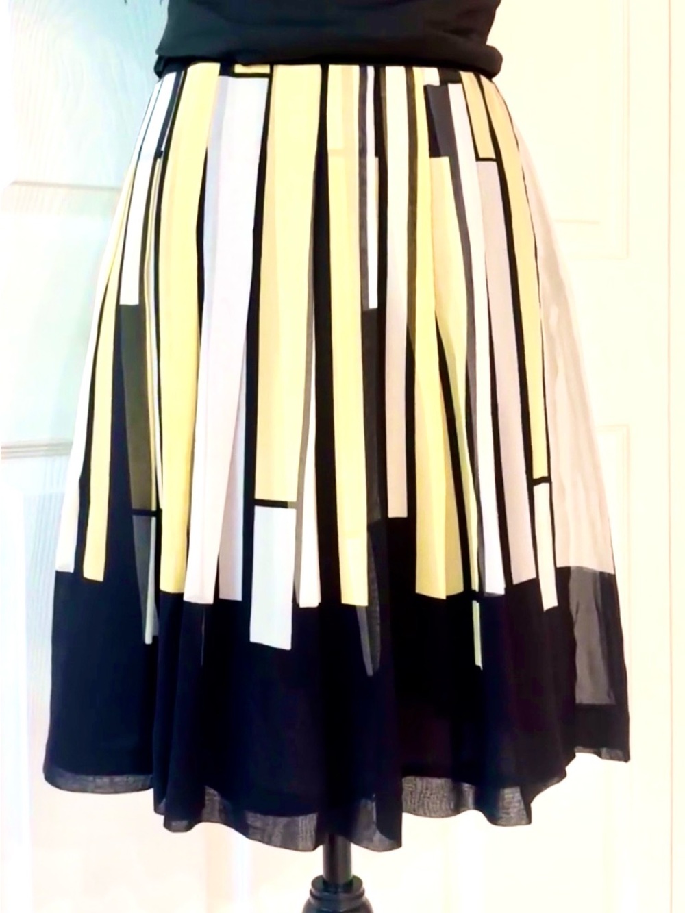 SATIN ~ Black and Yellow Abstract Geometric Skirt w/Side Zipper Fully Lined